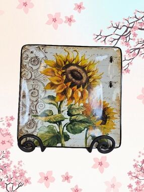 French Sunflower Display Plate Dish Tre Sorelle Studios Ceramic Metal Stand